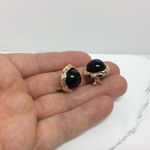 14k Yellow Real Gold Round Onyx stud lady earrings 10gr - Picture 4 of 7